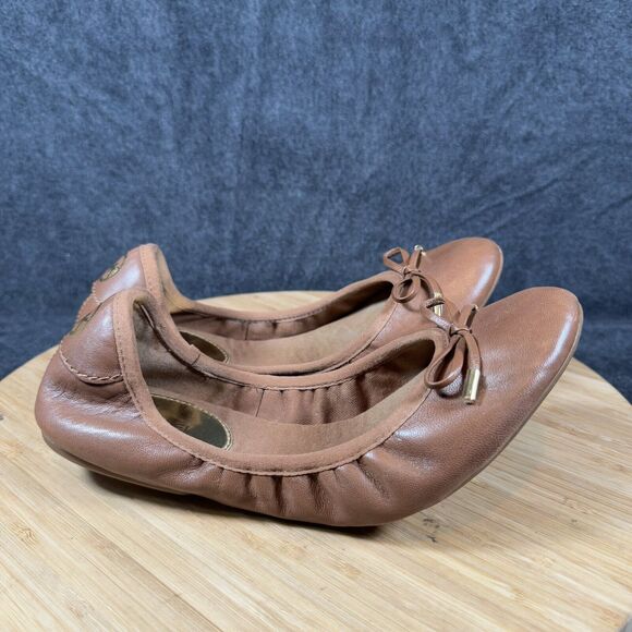 S MICHAEL Michael Kors Brown Leather Bow Detail Slip-On Ballet Flats Size 7 - Picture 1 of 6
